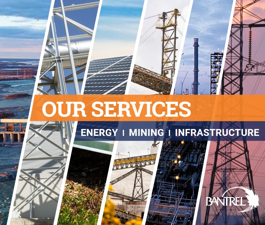Brochure page with different structures all depicting energy, mining, and infrastructure